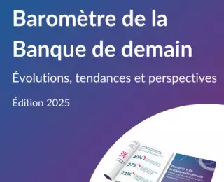 Couverture du Baromètre de la Banque de demain – Édition 2025, publié par mc2i, présentant les évolutions, tendances et perspectives du secteur bancaire, avec un aperçu du document en bas à droite.