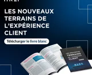 Visuel mc2i présentant le livre blanc « Les nouveaux terrains de l’expérience client » avec un appel à action pour télécharger la publication. L’image montre la couverture et des pages ouvertes du livre, mettant en avant les mutations de l’expérience client en 2025.