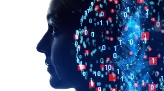 visage d'une femme de profil et intelligence artificielle en forme de neurones