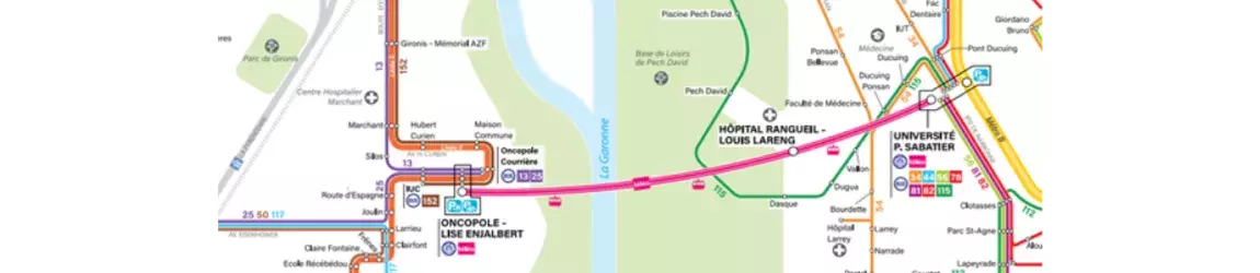 Capture d’écran du réseau de transport Tisséo – Focus sur la ligne de téléphérique Téléo