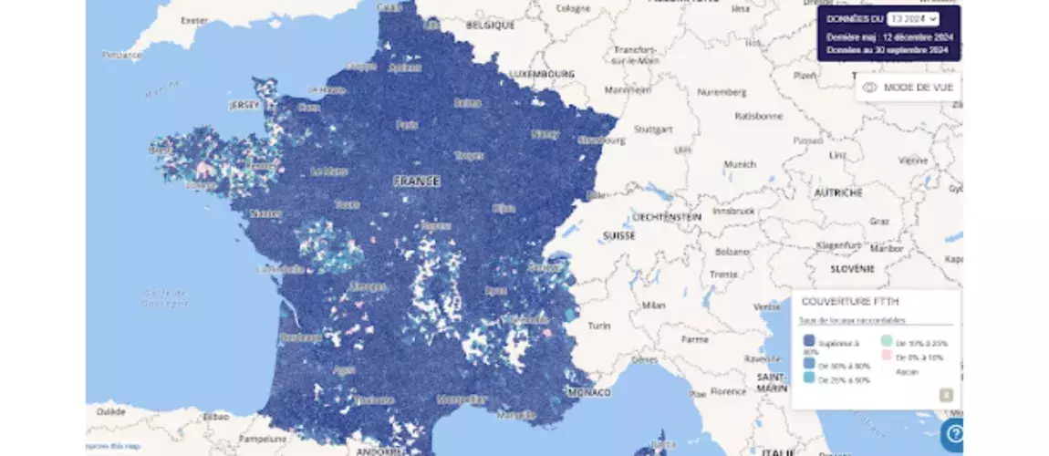 Carte du déploiement de la fibre optique en France au T3 2024